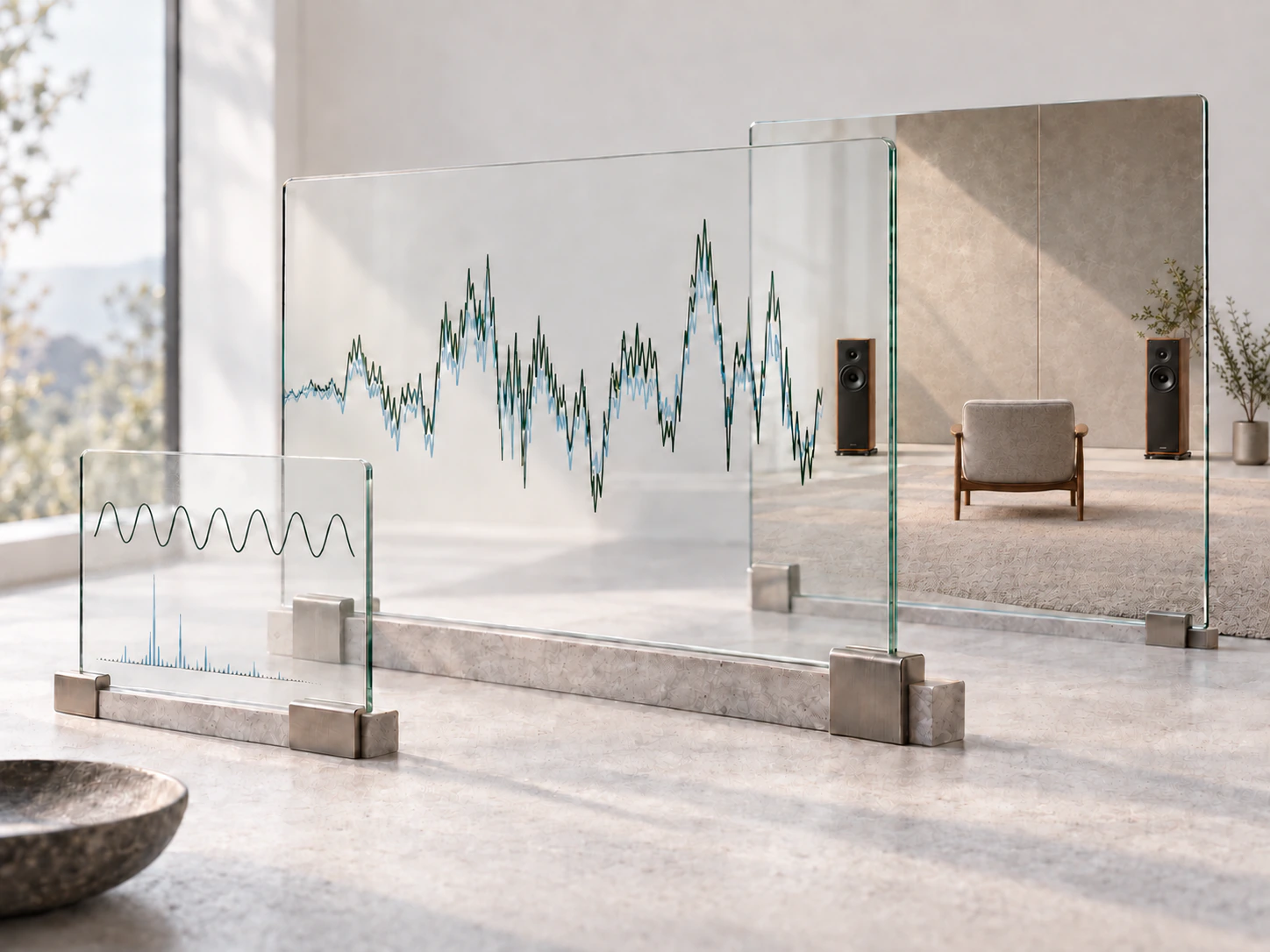 Illustrative signal traces beside a carpeted stereo listening room with two loudspeakers and a central chair.