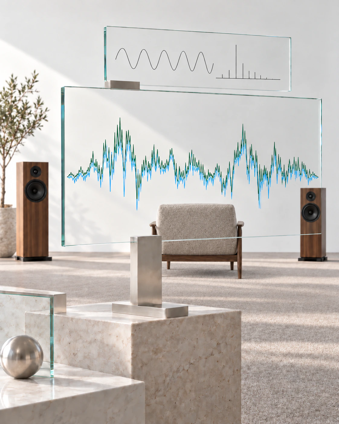 Illustrative signal traces beside a carpeted stereo listening room with two loudspeakers and a central chair.