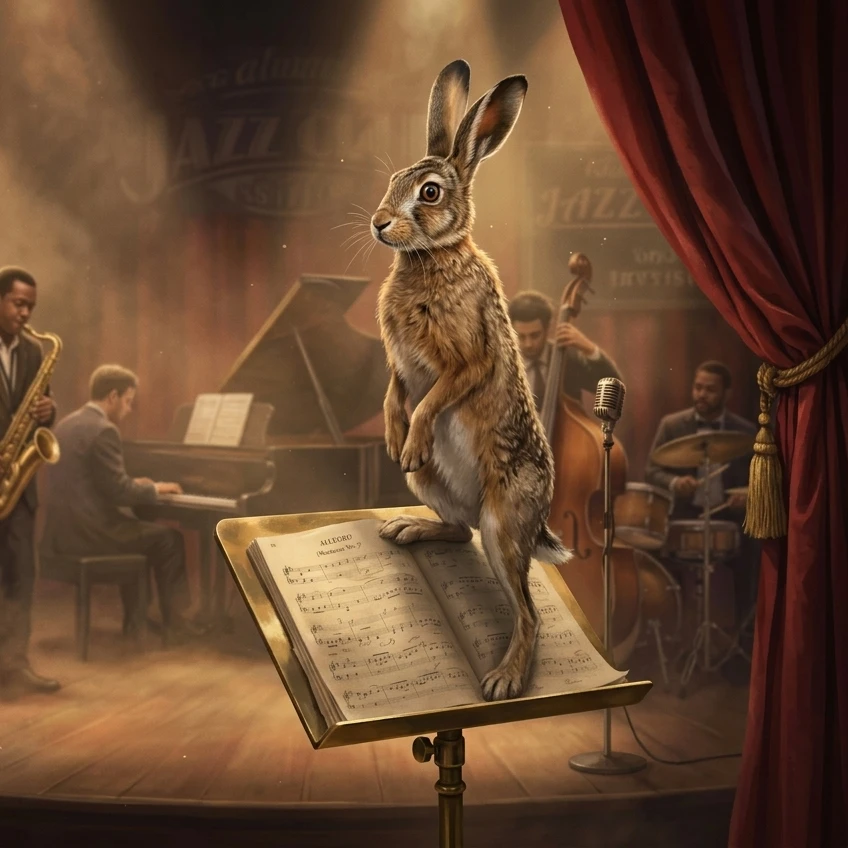 Follow the Hare A hare standing on a music stand in a recital room, illustrating the musical-reference metaphor.