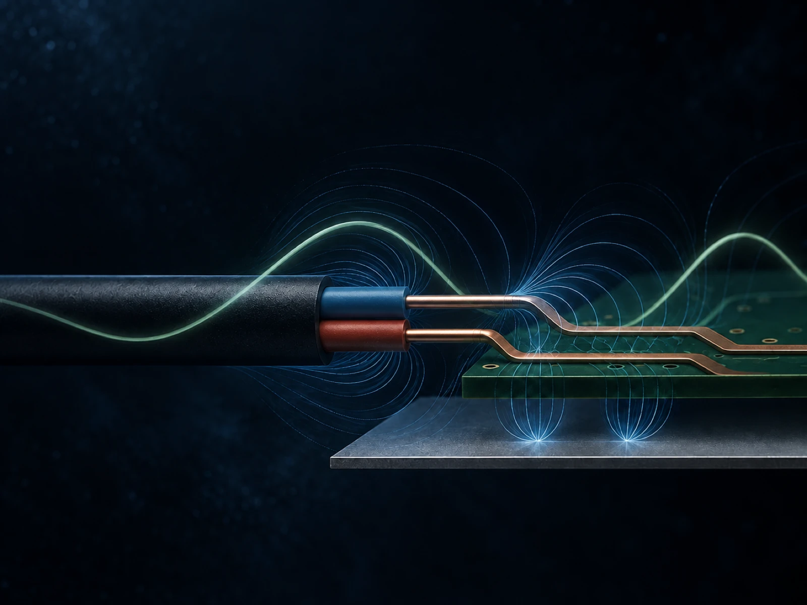 high-frequency-propagation-audio-systems-hero-1600x1200 Abstract illustration of a paired cable and PCB trace, with a long waveform and fine high-frequency fields following the conductors and nearby return plane.