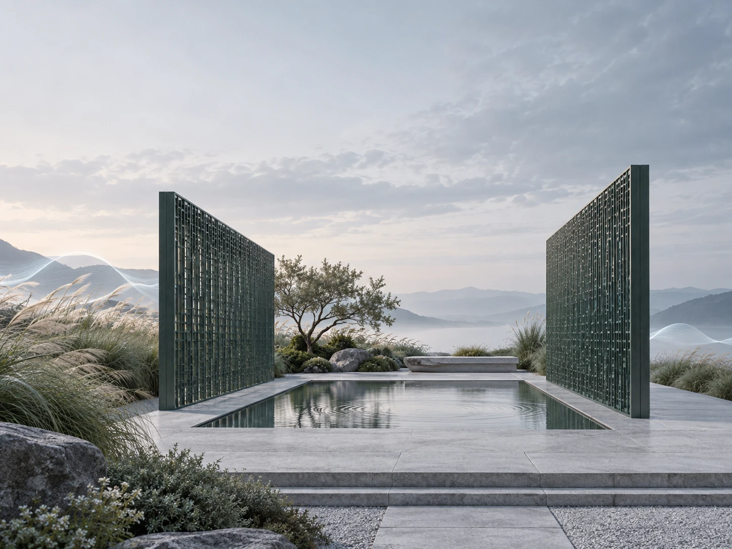 quiescent-audio-subsystem-protection-courtyard-hero-4x3 A calm reflecting pool enclosed by two green boundary screens, with wind-disturbed grasses outside, illustrating an audio subsystem protected between two Matrix boundaries.