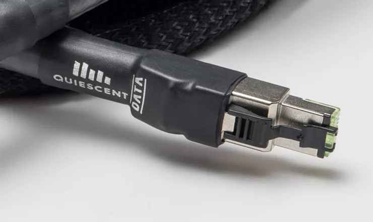Close-up of the RJ45 connector on a Quiescent DATA digital LAN cable.